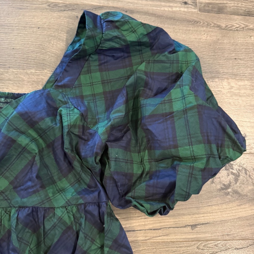 Old Navy Green Navy Plaid Puff Sleeve Peplum Top Sweetheart Neck Smocked Large - Picture 7 of 10